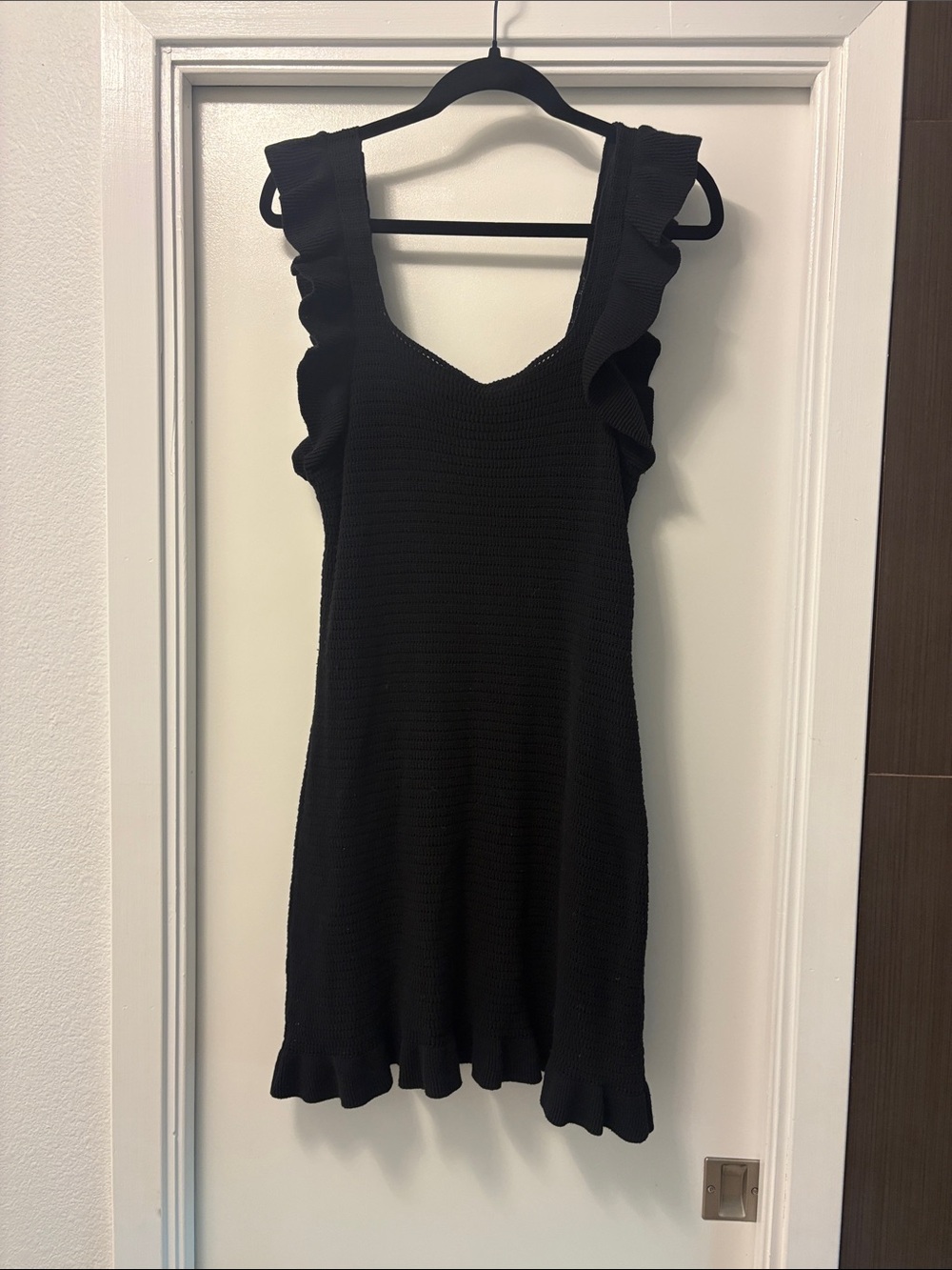 Anthropologie Black Ruffle-Trim Knit Mini Dress